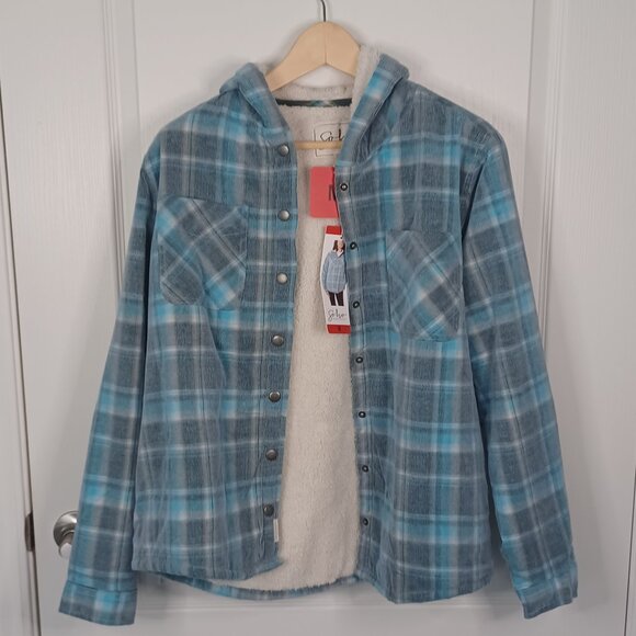 Soho Threads Plaid Corduroy Shacket Women M Blue Sherpa Lined Hooded Y2K Grunge - Picture 1 of 5